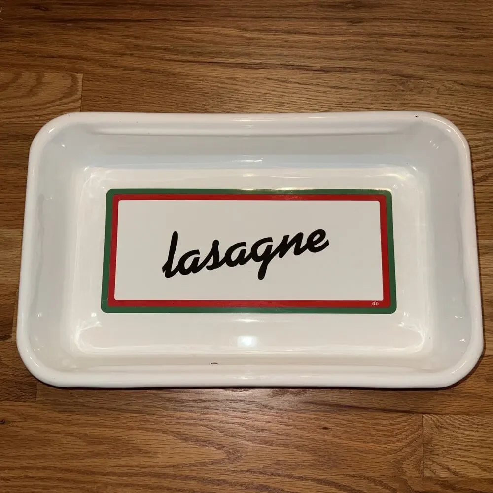 Vintage White Lasagne Enamel Metal Baking Roasting Cake Pan By GHC 16” X 10”